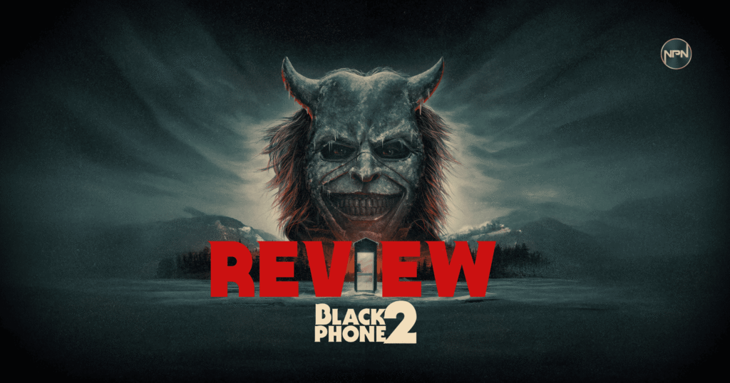 A man in a gray mask with horns grinning, showing teeth. The background is gray and black. The text in the middle reads Review Black Phone 2