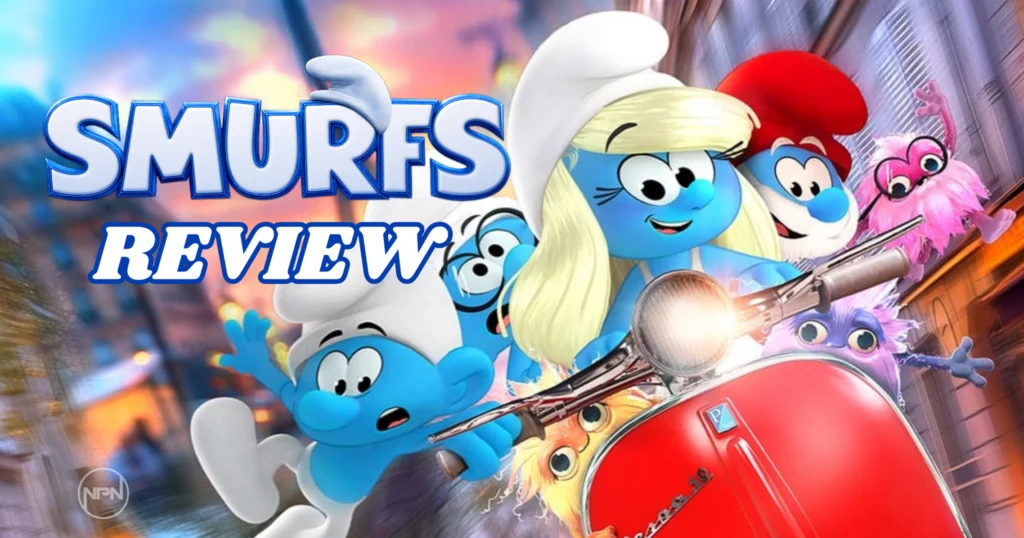 Smurfette and other Smurfs riding a red motorcycle. The text on the right reads Smurfs Review