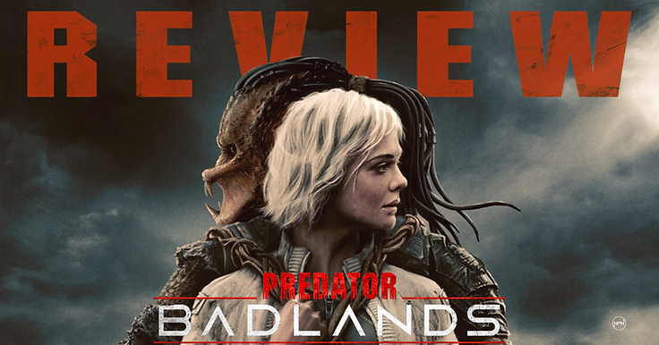 Elle Fanning as Thia and Dimitrius Schuster-Koloamatangi as Dek. The text on the picture reads REVIEW Predator: Badlands