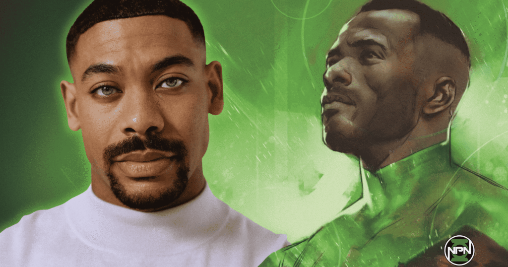 Aaron Pierre looking at the camera, John Stewart comic art is the right.