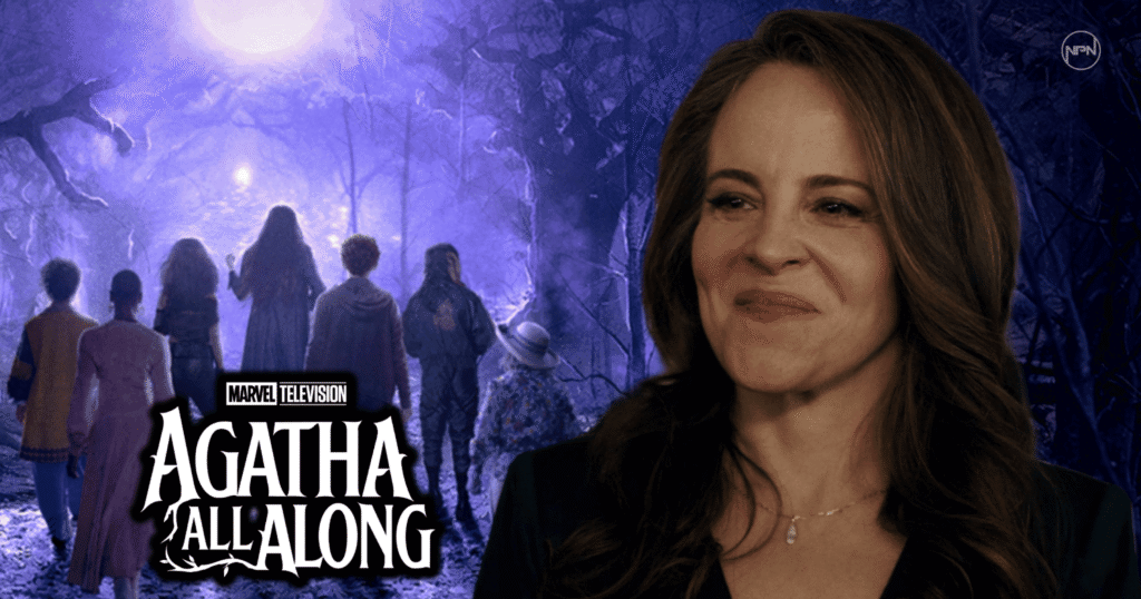 Agatha All Along Key art and a still of Maria Dizzia from the series