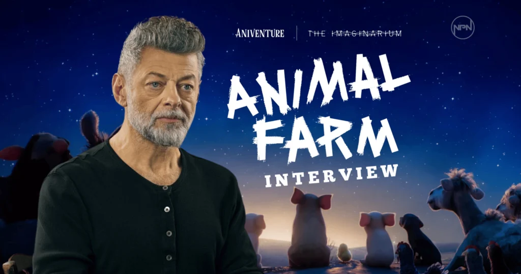 Andy Serkis in black looking ahead