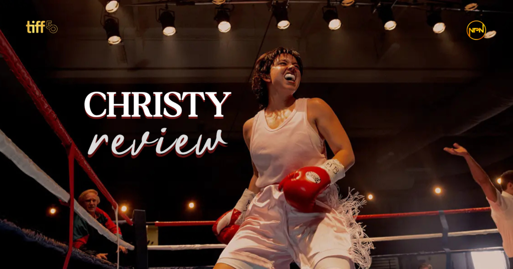 Sydney Sweeney with short brown hair in a boxing ring. Text reads "Christy Review"