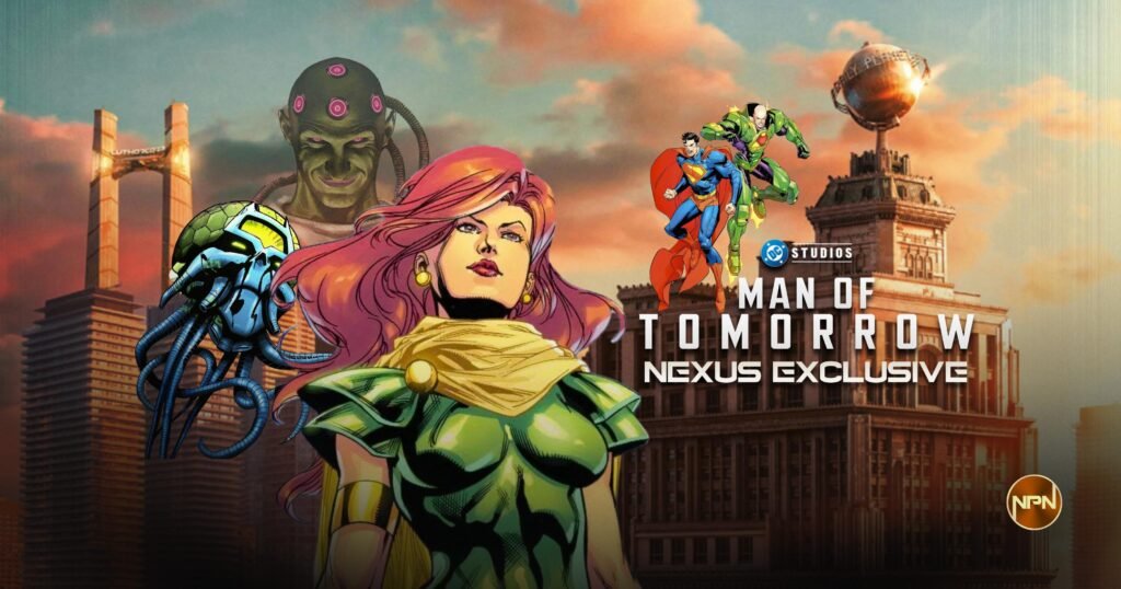 Maxima, Superman, Lex Luthor and Brainiac comic art and Man of Tomorrow logo