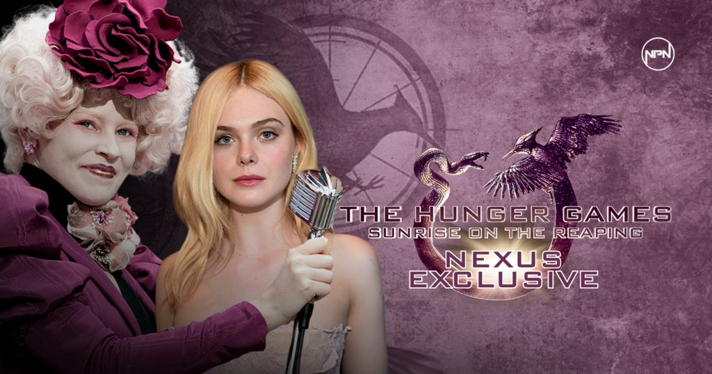 Elle Fanning and a still of Effie Trinket from Hunger Games