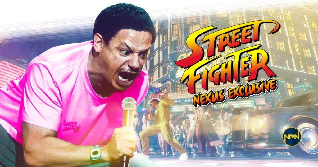 Eric André in a pink shirt screaming at a mic