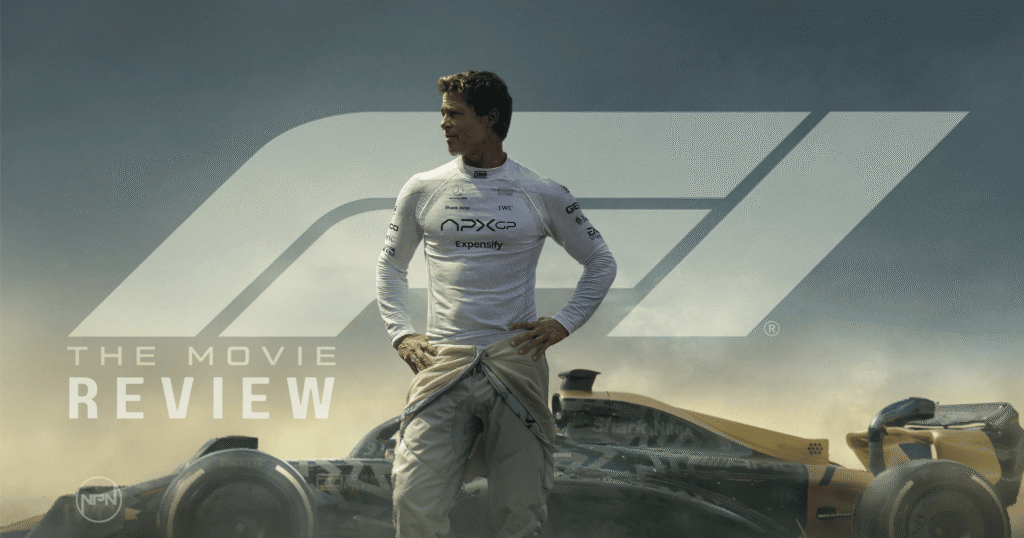 Brad Pitt in an F1 racing jumpsuit. Text reads "F1 The Movie Review"