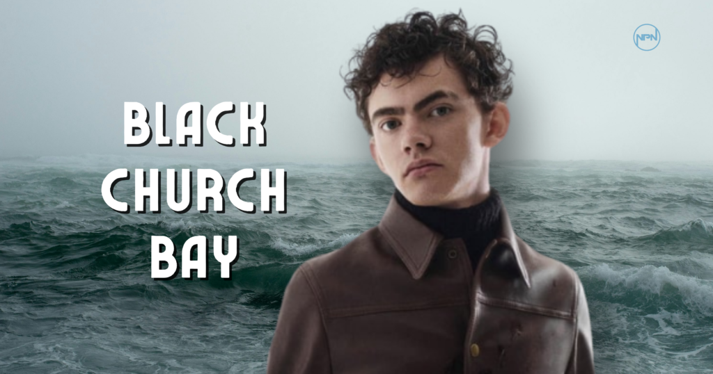 Joe Locke in a brown leather jacket. The background is blue waves. The text on the left reads Black Church Bay.