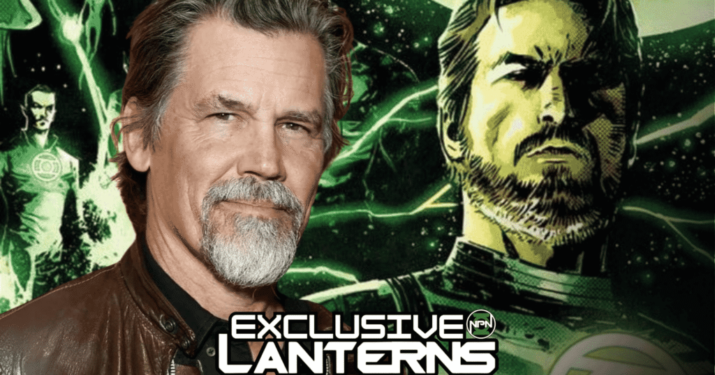 Josh Brolin looking at the camera. Hal Jordan comic art is on the right.