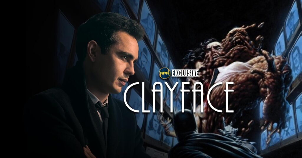 Max Minghella in a black suit. Clayface art and text is on the right.