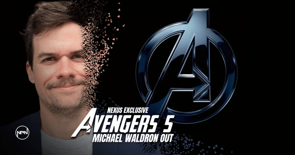 Michael Waldron looking at the camera, Avengers logo is on the right. The text reads Avengers 5.
