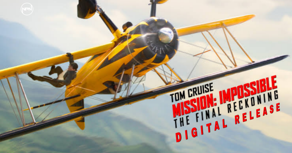 Tom Cruise as Ethan Hunt holding onto a flying plane MISSION: IMPOSSIBLE – The Final Reckoning.
