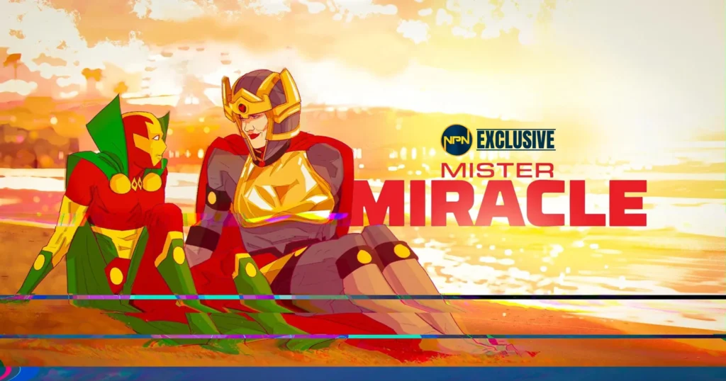 Mister Miracle and Big Barda art sitting at a beach.