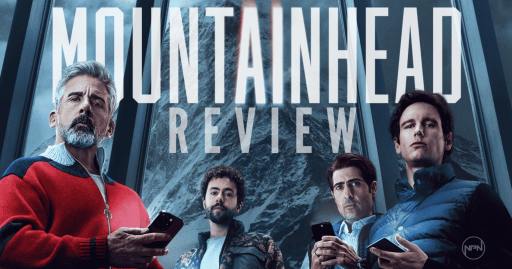 Steve Carell, Jason Schwartzman, Cory Michael Smith, and Ramy Youssef all holding cell phones standing in front of a window with a huge mountain in the background. Text reads: "Mountainhead Review"