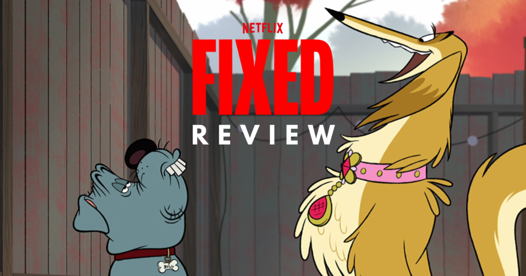 Fixed key art with a gray dog and yellow dog staring at each other