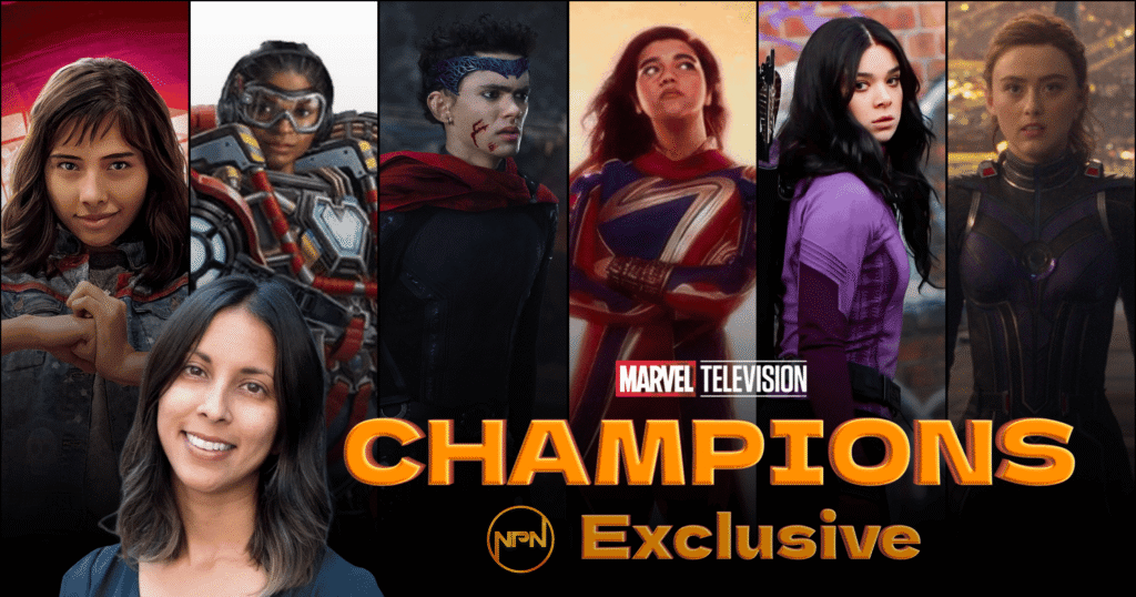 Rachna Fruchbom looking at the camera smiling. The background is a collage of the Champions: America Chavez, Ironheart, Wiccan, Ms. Marvel, Kate Bishop and Cassie Lang.