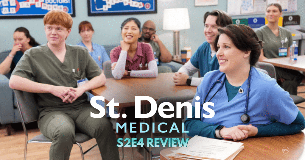 Dan Leahy as Brandon and Allison Tolman as Alex in St. Denis Medical sitting at a hospital cafeteria