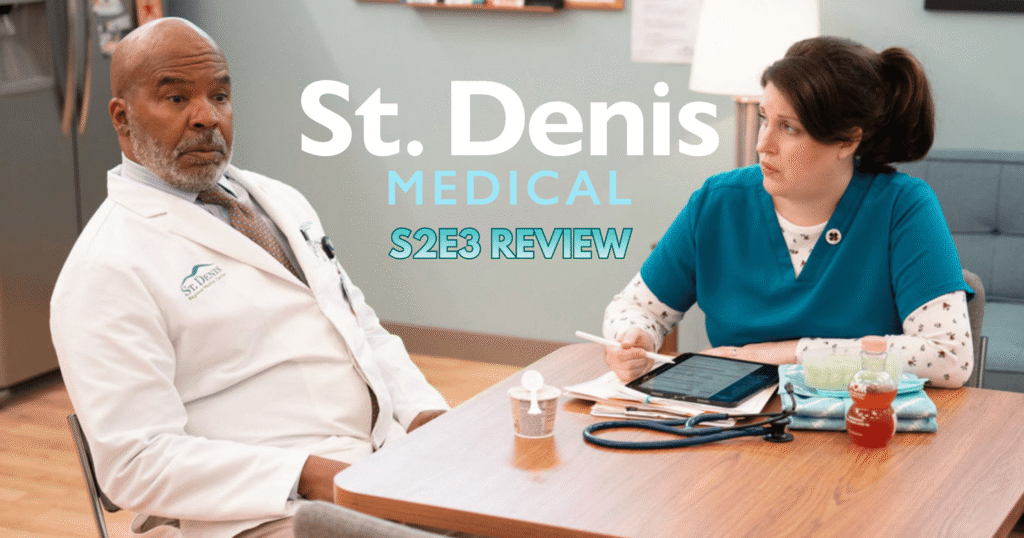 David Alan Grier as Dr. Ron, Allison Tolman as Alex in St. Denis Medical sitting around a table