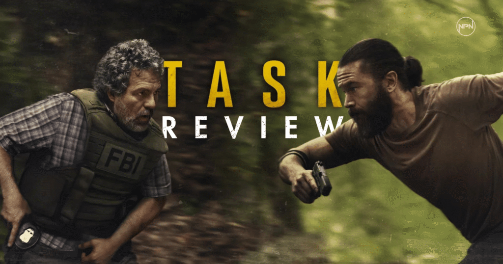 Mark Ruffalo and Tom Pelphrey running towards each other while holding firearms. Text reads: Task Review