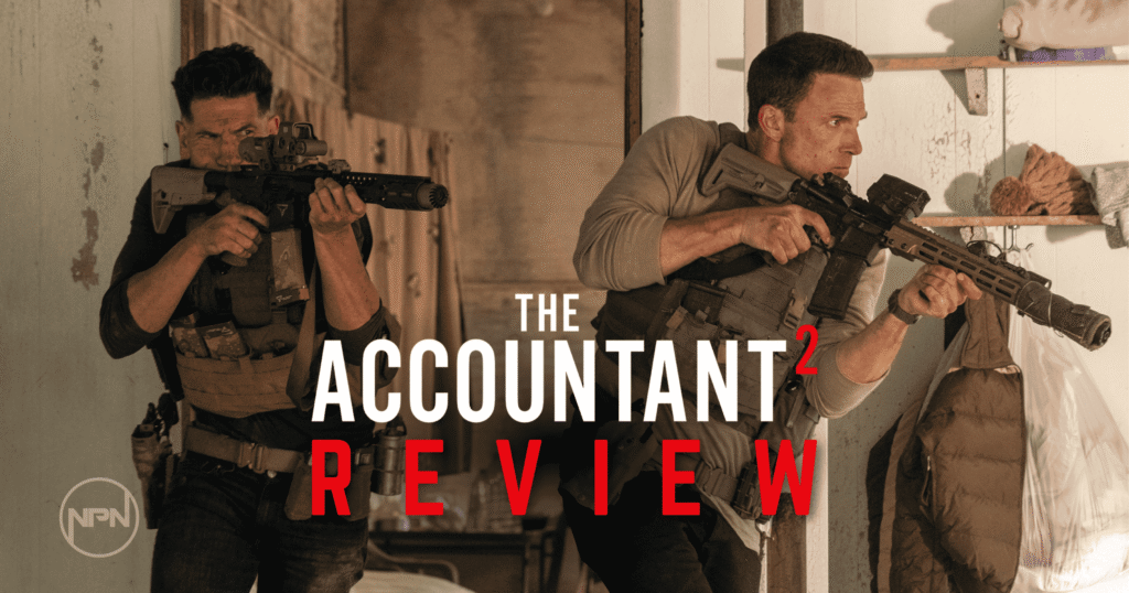 Jon Bernthal and Ben Affleck in combat gear with firearms in The Accountant 2. Text reads "The Accountant 2 Review"