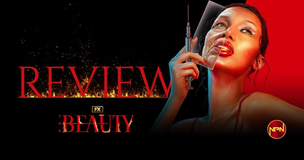 Bella Hadid holding a syringe and piece of glass in front of a black and red background. Text reads "Review FX The Beauty"