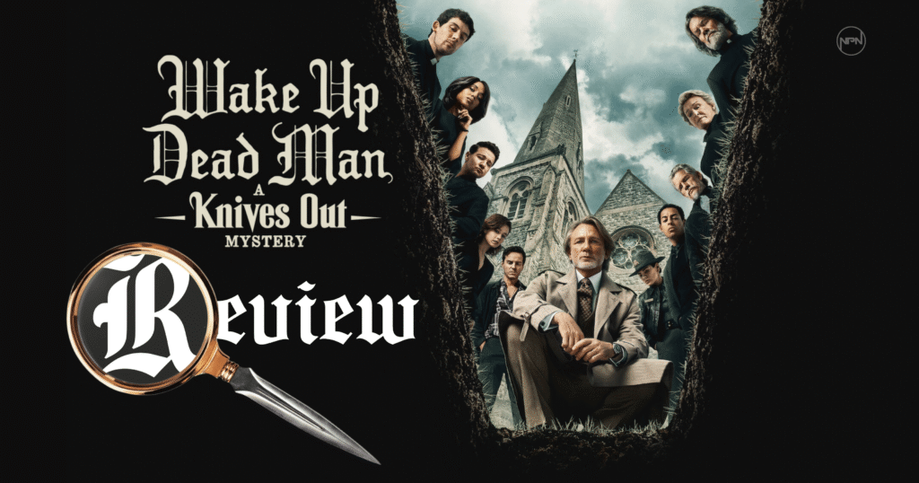 The cast of 'Wake Up Dead Man: A Knives Out Mystery' all peer down on the viewer in an open grave. Text reads "Wake Up Dead Man: A Knives Out Mystery Review"