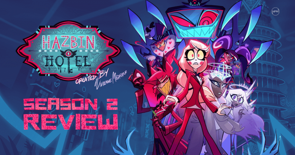 Valentino, Vox, and Velvette loom over Alastor, Charlie, Sera, and Emily. Text reads "Hazbin Hotel Season 2 Review"