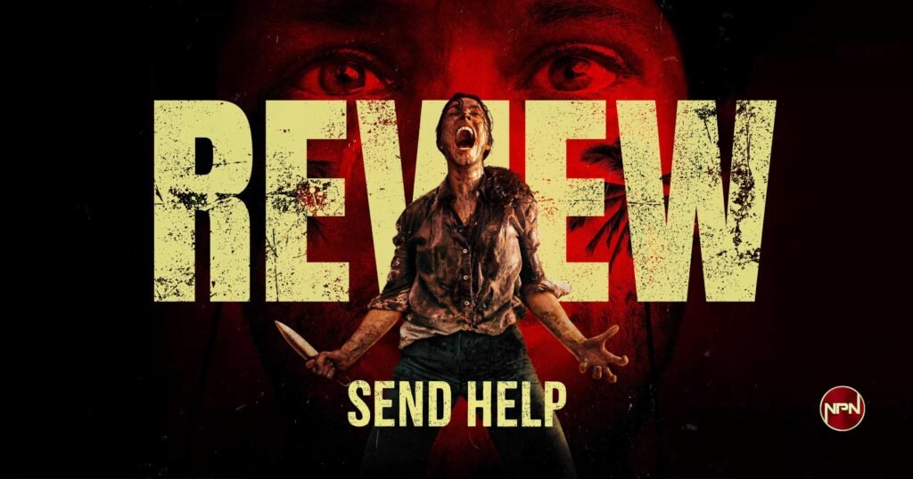 Rachel McAdams covered in blood, holding a knife and screaming. Text reads "Review Send Help"