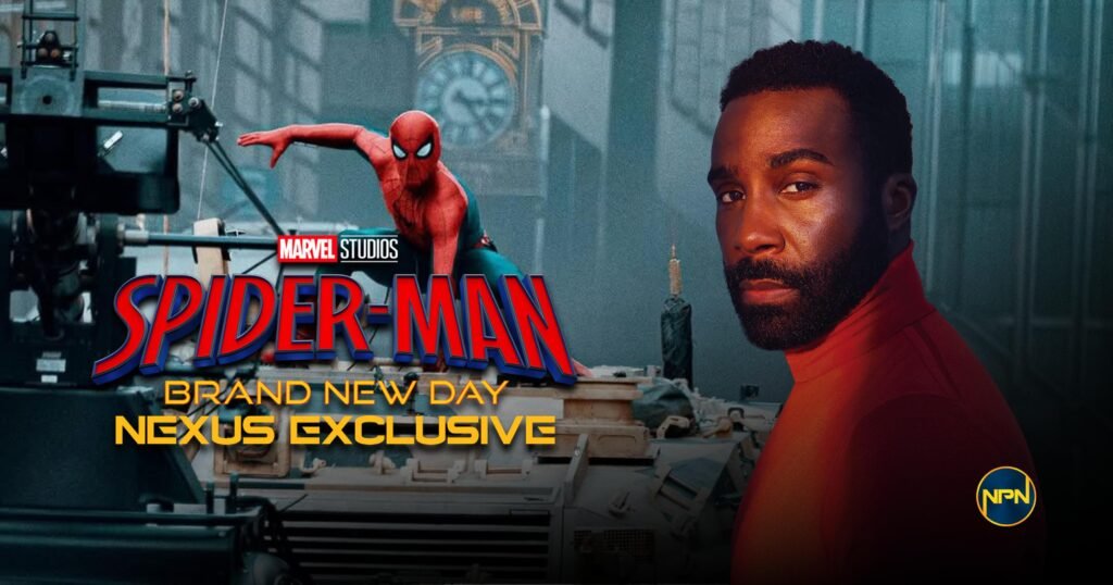 Tramell Tillman in front of a shot of Spider-Man landing in a super-hero pose on a vehicle. Text reads "Spider-Man: Brand New Day Nexus Exclusive"