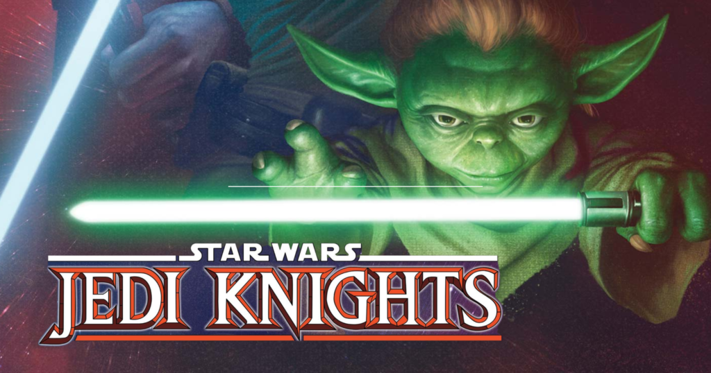 Yaddle holding a green lightsaber. Text reads Star Wars: Jedi Knights