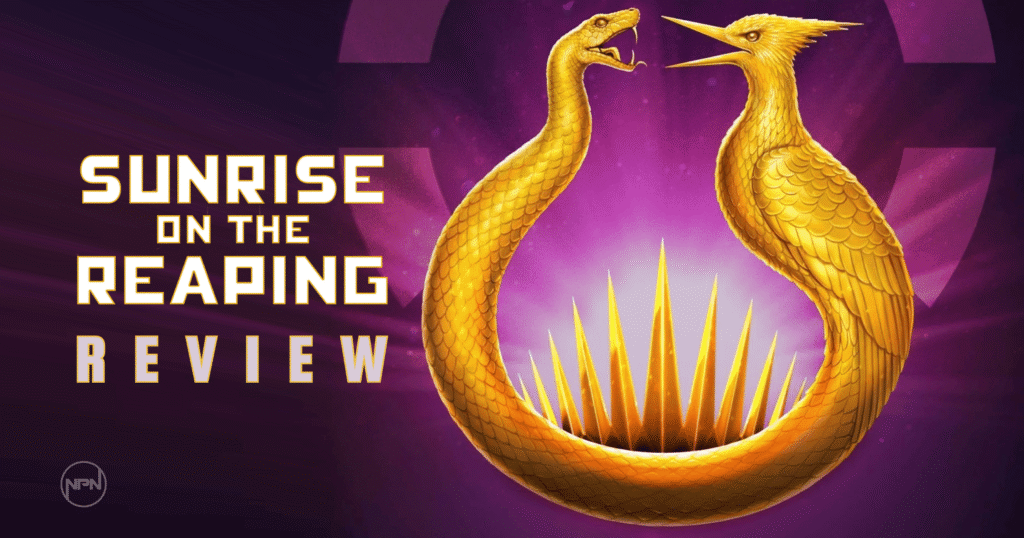 A snake and a Mockingjay combine to form a shape that looks like a harp. Text reads "Sunrise on the Reaping Review"